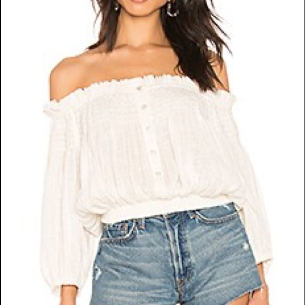 Free People Dancing Till Dawn Smocked Off Shoulder Button Top